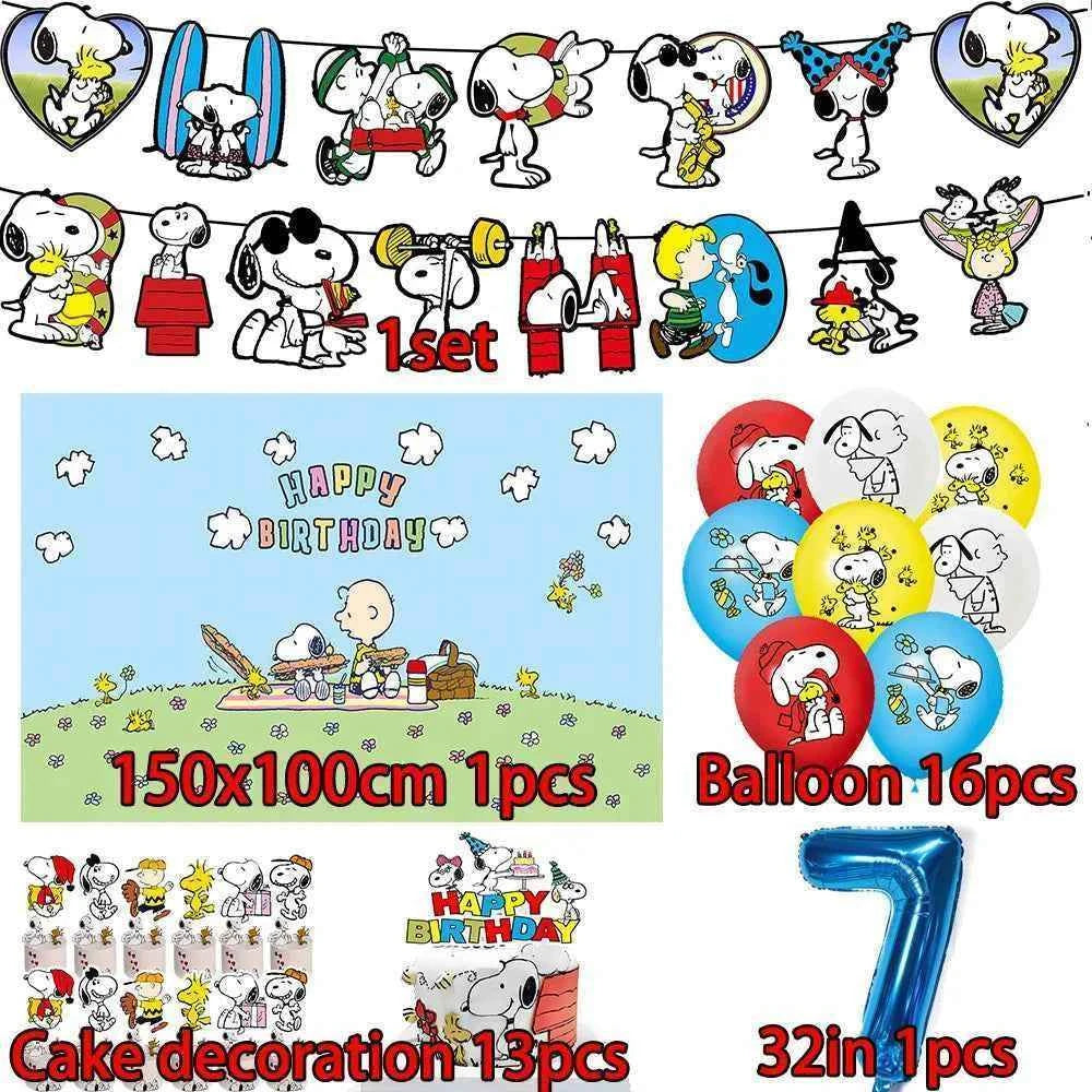 Cartoon Snoopys Birthday Decoration Set Banners Cake Toppers Balloons Backdrops Kids Birthday Gifts Baby Shower Party Supplies