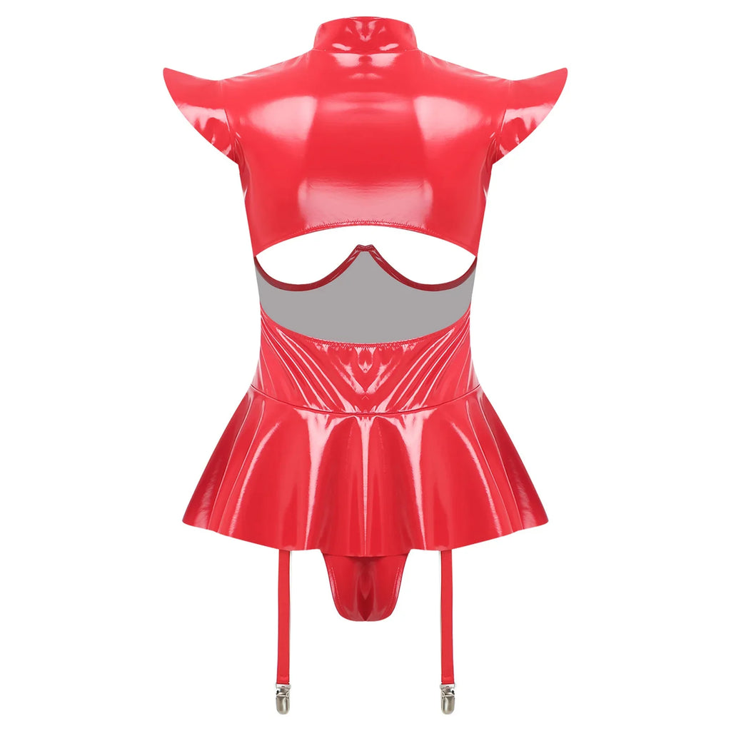 Glossy Wet-Look Halter Romper Bodysuit with Flared Skirt Hem & Integrated Garters