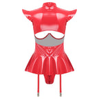 Glossy Wet-Look Halter Romper Bodysuit with Flared Skirt Hem & Integrated Garters