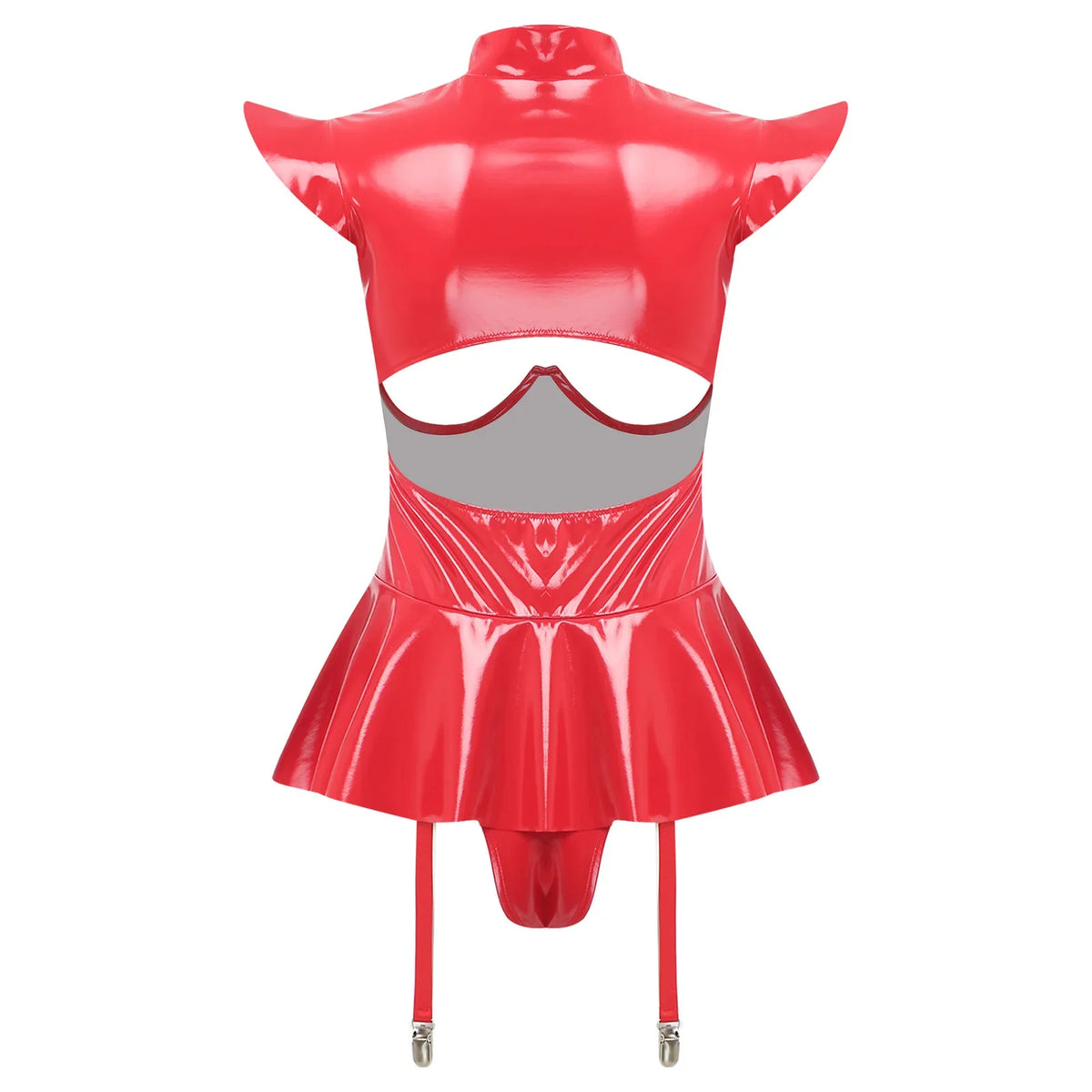 Glossy Wet-Look Halter Romper Bodysuit with Flared Skirt Hem & Integrated Garters