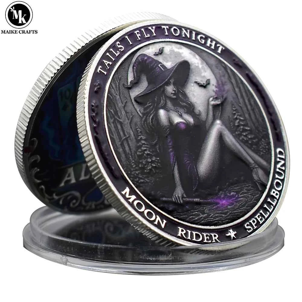 Tails I Fly Tonight" Witch Challenge Coin – Moon Rider Spellbound Collectible, 40mm Fantasy Magic Coin Gift