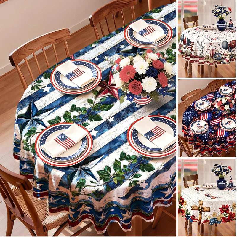 4th of July Tablecloth, Patriotic Independence Day American Flag Oval White, Blue for Outdoor BBQ Party Family Gathering