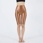 Oil Glossy High-Stretch Knee-Length Shorts Satin Shine Performance Biker Shorts