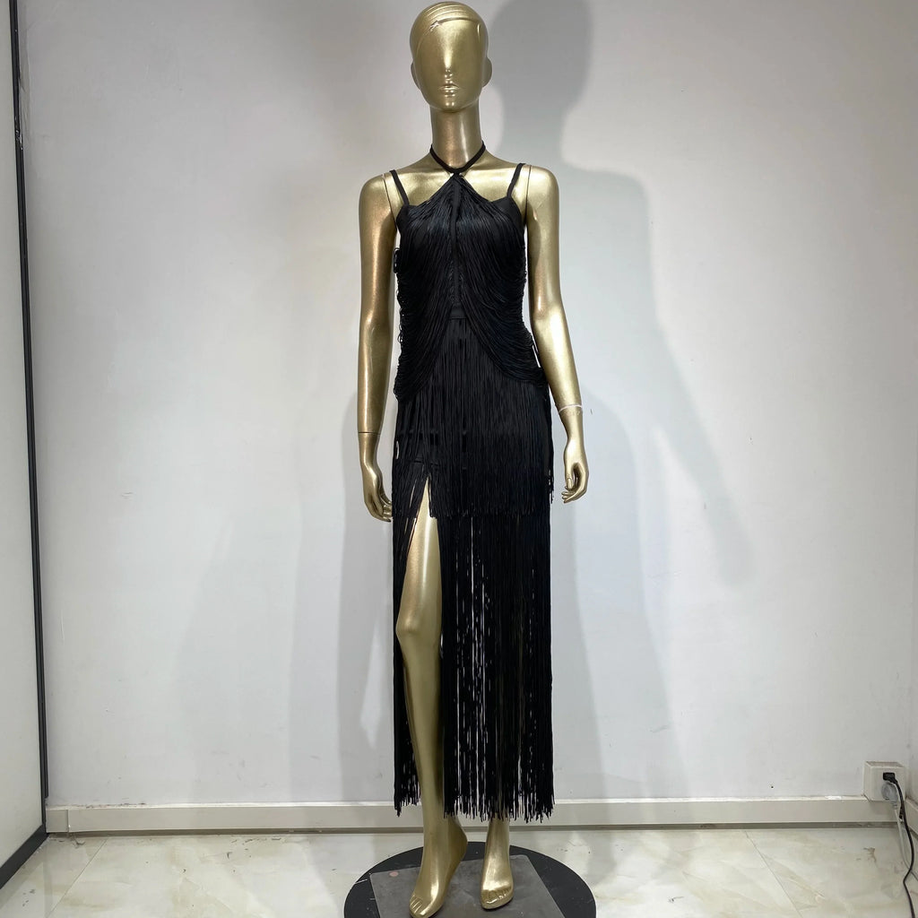 Double-Layer Fringe Bandage Ankle-Length Evening Gown & Gala Dress