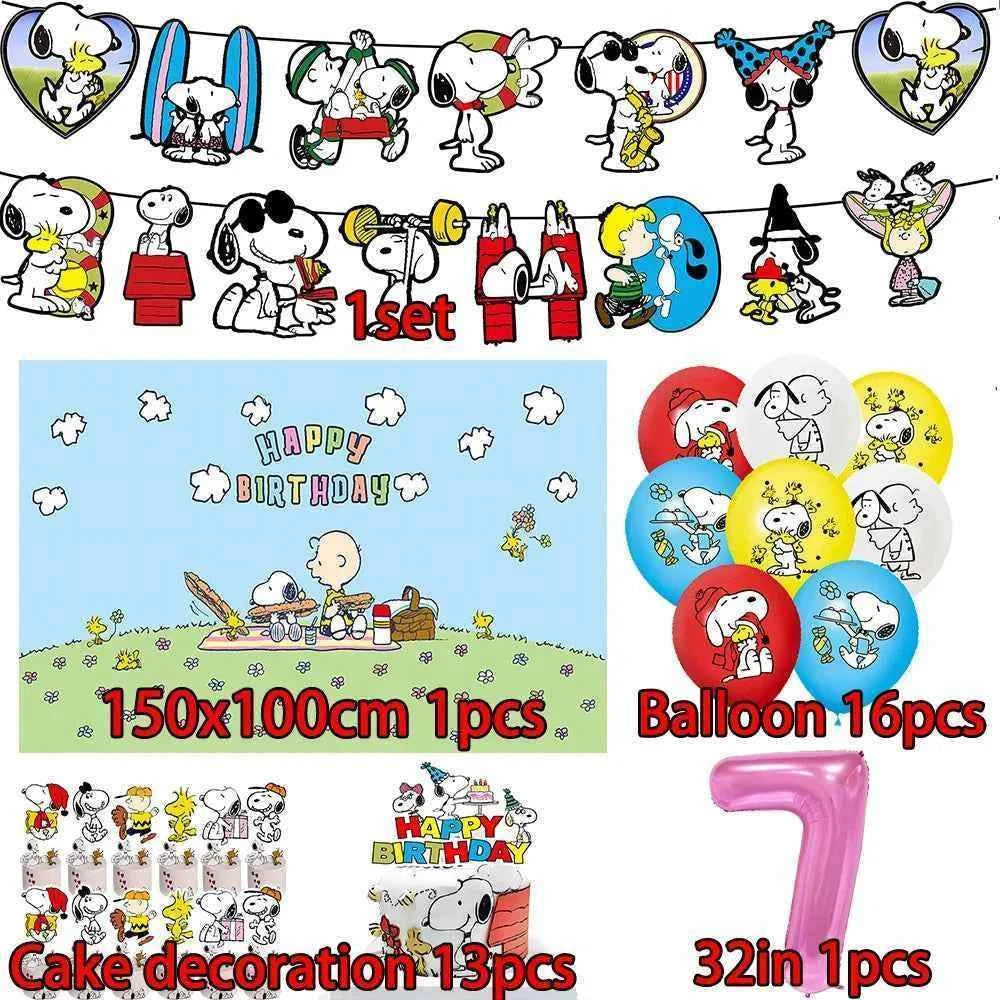 Cartoon Snoopys Birthday Decoration Set Banners Cake Toppers Balloons Backdrops Kids Birthday Gifts Baby Shower Party Supplies