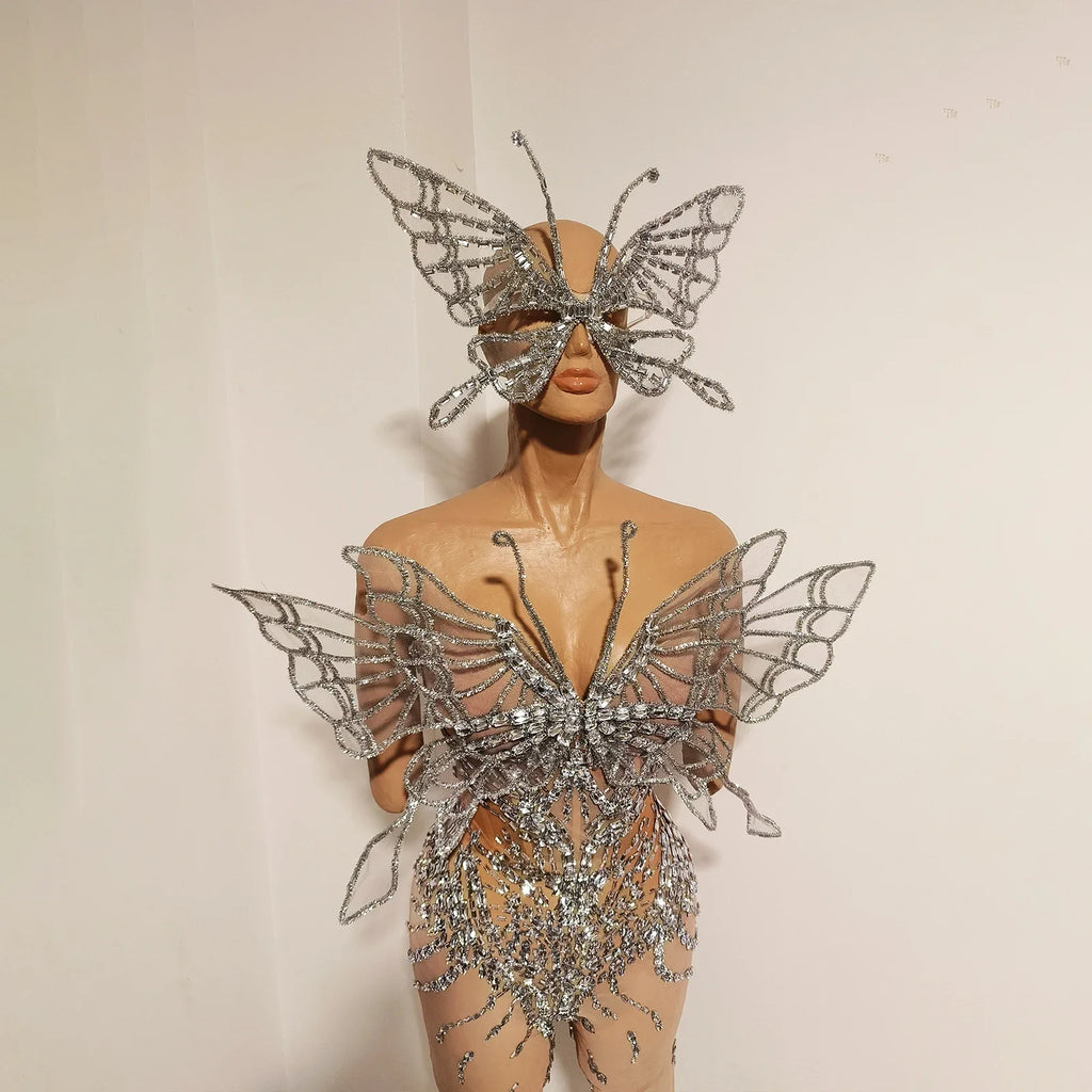 Silver Crystal Mesh 3D Butterfly Rhinestone Wings Jumpsuit