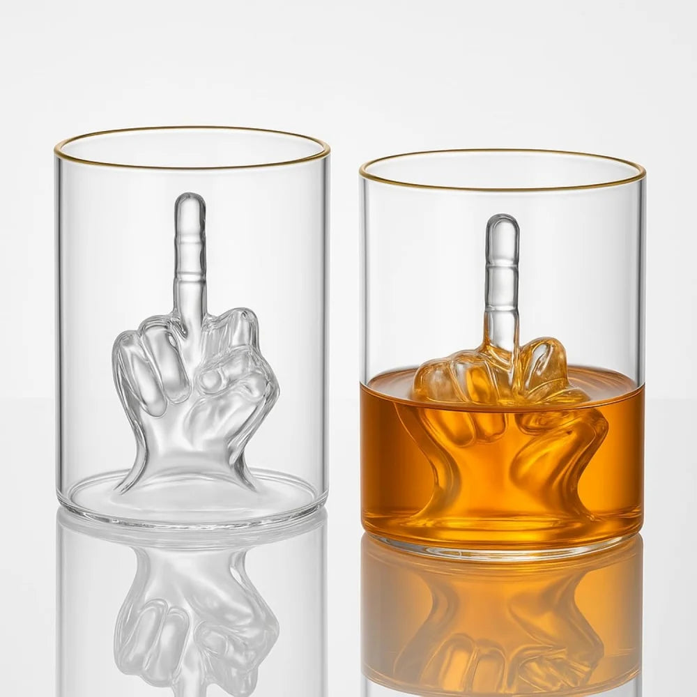 Funny Gag Gift for Men & Women Middle Finger Whiskey Glass Gift Set 12.5oz Novelty Glass 3D Finger Inside for Rude Humor Lovers - Big Tim's Magic Emporium