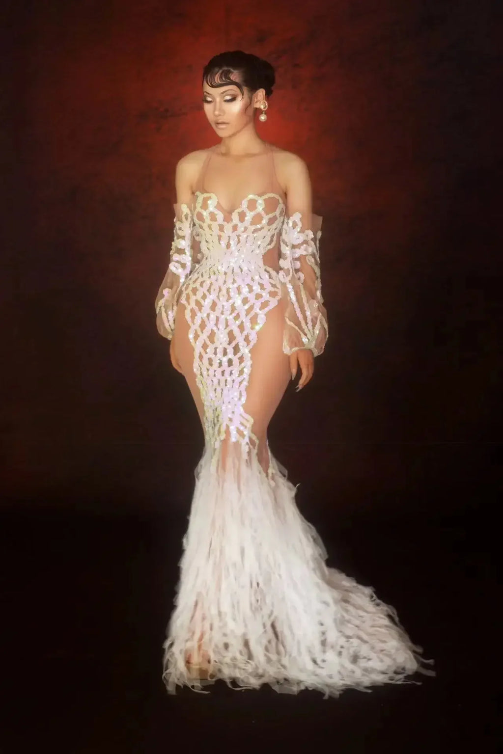 Silver Glitter Sequin Mesh Floor-Length Showgirl Gown – Glamour Stage Performance & Evening Gala Dress