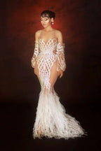Silver Glitter Sequin Mesh Floor-Length Showgirl Gown – Glamour Stage Performance & Evening Gala Dress