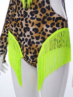 Leopard Cutout Bodysuit & Fringe Sleeves 2-Piece Latin Ballroom Stage Costume Set