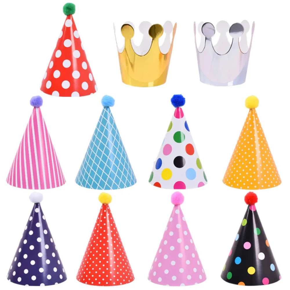 Polka Dot Birthday Party Hats with Pom Poms Paper Party Cone Hats Colorful DIY Handmade Baby Birthday Headband Boy Girl Gifts - Big Tim's Magic Emporium