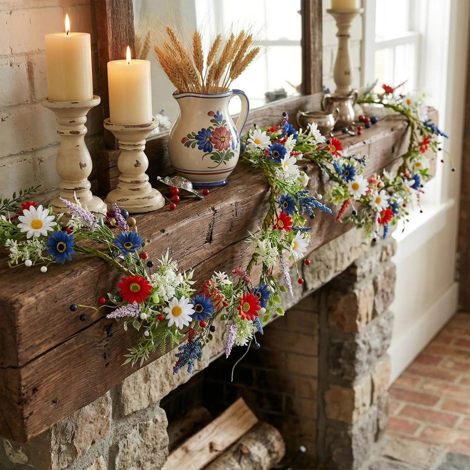 4th July Wreath 4 9Ft Red White Blue Daisy Garland Patriotic Decor for Independence Day Memorial Day Front Door Porch Party