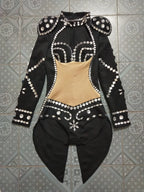 Rhinestone Swallowtail Showgirl Bodysuit – Tuxedo Tails Stage Performance Costume