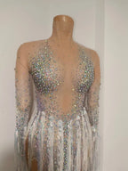Iridescent Crystal Tassel Long Sleeve Sheer Mesh Stage Bodysuit Costume