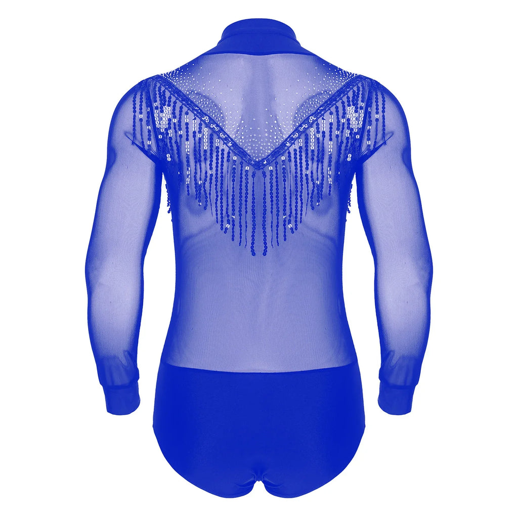 Men's Latin Salsa Sequin Tassel & Rhinestone V-Neck Performance Leotard Bodysuit