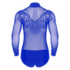 Men's Latin Salsa Sequin Tassel & Rhinestone V-Neck Performance Leotard Bodysuit