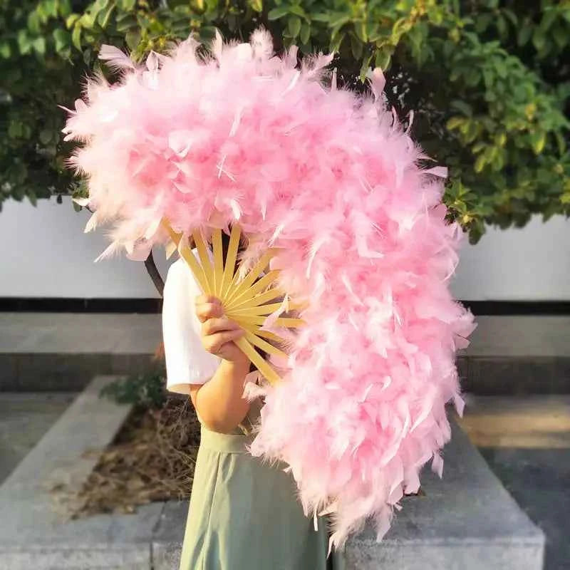 70*40cm Large Pink Feather Fan Stage Performance Dance Fan Photography Props Lolita Feather Folding Fan Wedding Party Decoration