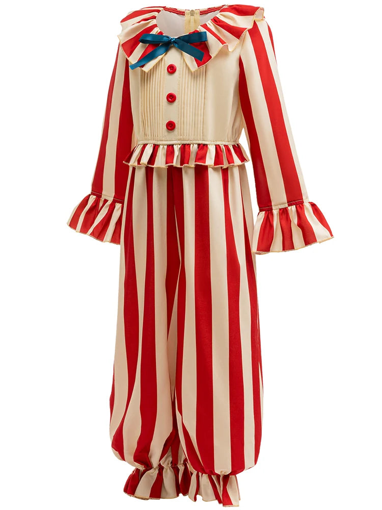Kids Horror Movie Corn Clown Cosplay Costume Carnival Red Striped Jumpsuits Rainbow Wigs Girls Boys Joker Halloween Costume - Big Tim's Magic Emporium