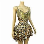 Leopard Print Crystal Sling Showgirl Mini Dress – Glamour Stage Performance Costume