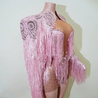 Rhinestone Tassel Fringe Jacket And Dress Costume Set