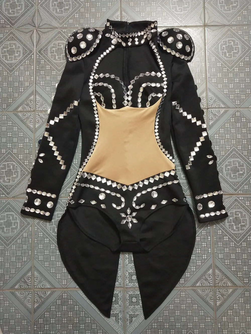 Rhinestone Swallowtail Showgirl Bodysuit – Tuxedo Tails Stage Performance Costume