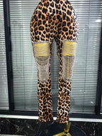 Women's Leopard Print Diamond Chain 2-Piece Bodycon Set | Slim Sequin Outfit for Nightclub & Stage