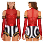 Circus Ringmaster Sequin Striped Bodysuit & Metallic Gloves 2-Piece Stage Costume Set