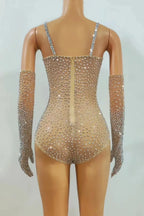 Sparkly Silver Crystal Rhinestone Bodysuit & Long Gloves Stage Costume Set