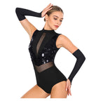 Sparkly Sequin Mock Neck Dance Leotard & Gloves Two-Piece Bodysuit Set