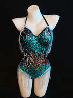 Sequin Fringe Halter Bodysuit – Sexy Hollow-Out Pole Dance & Rave Costume