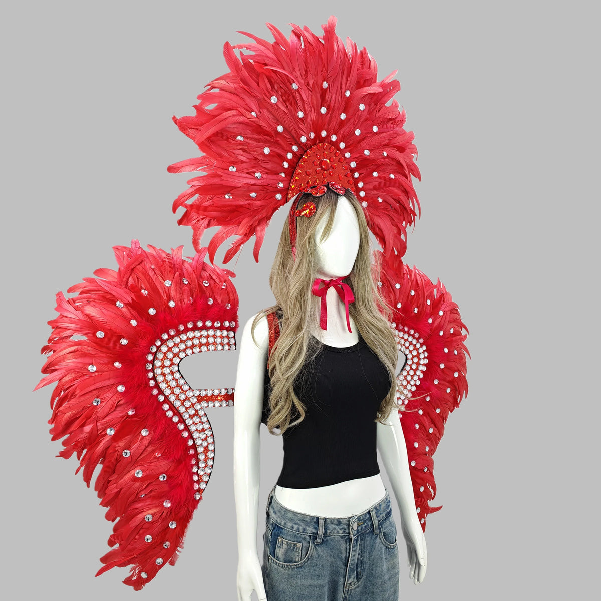 Carnival Elegant Ladies Feather Headdress Wings Two-Piece Role Play Catwalk Halloween Masquerade Carnival Party Suit