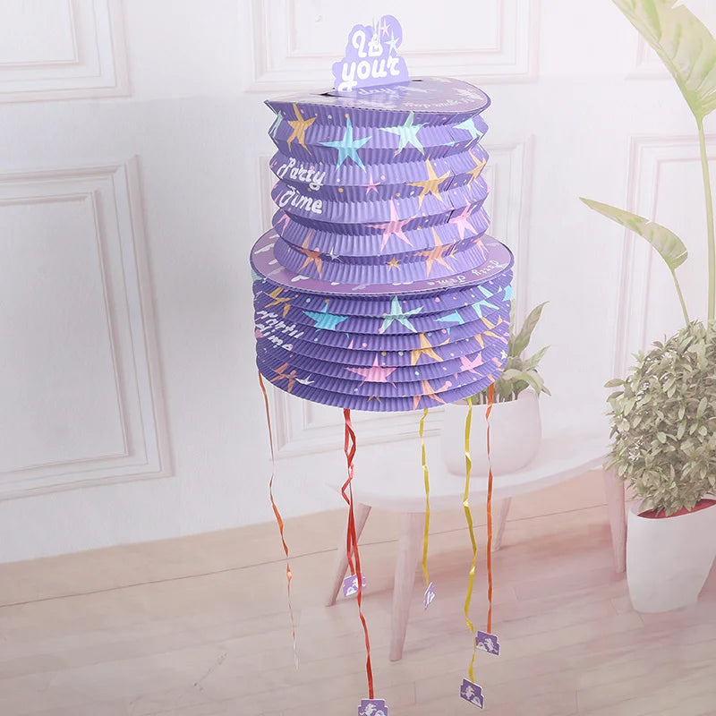 Purple Pull String Piñata Small Lantern Foldable Style Candy Smashing Game for Birthday Party Carnival Themed Events Supplies