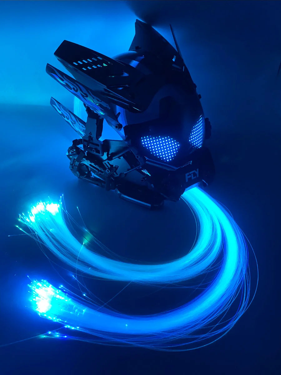 Cyber Punk Mask Mech Warrior Cosplay Helmet With LED Color Screen With Light Up Braids Cosplay Helmet Halloween Party Props Gift - Big Tim's Magic Emporium