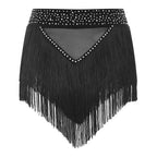Rhinestone Tassel High-Waist Dance Shorts & Sheer Mesh Fringe Skirt