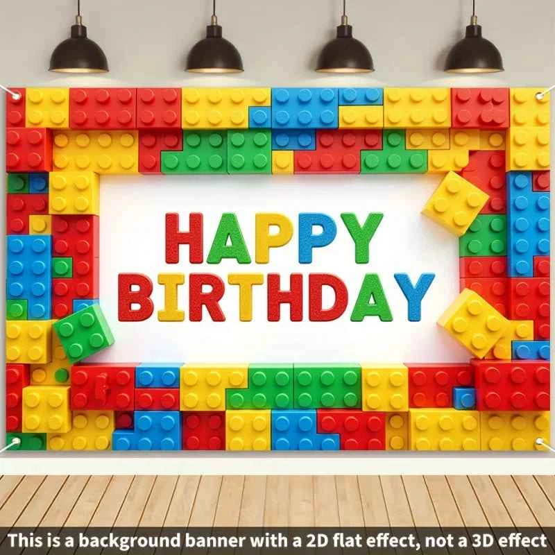 1Birthday Party Banner - Building Block Letters“Happy Birthday”Design，Building Block Style Party Decoration，Birthday，wsj