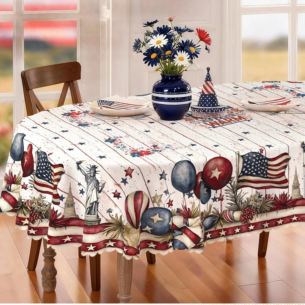 4th of July Tablecloth, Patriotic Independence Day American Flag Oval White, Blue for Outdoor BBQ Party Family Gathering