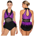 Women's Shiny Sequin Sheer Mesh Feather Latin Jazz Dance Bodysuit