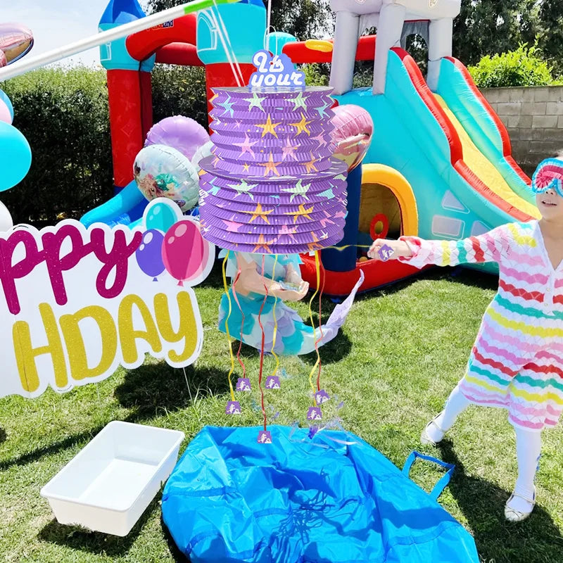 Purple Pull String Piñata Small Lantern Foldable Style Candy Smashing Game for Birthday Party Carnival Themed Events Supplies