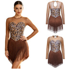 Leopard Print Rhinestone Tassel Dance Dress Long Sleeve Keyhole Bodysuit
