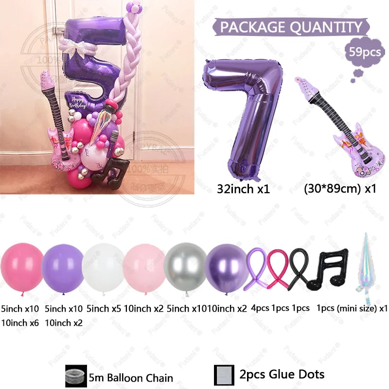 59pcs Guitar Balloon Purple Numbers 1-9 Birthday Balloon Set Music Theme Party Decoration Festival Photo Props Birthday Gift