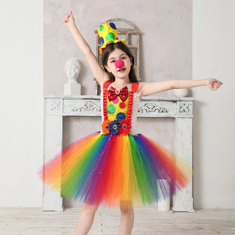 Clown Multicolored Circus Costume for Girls Funny Joker Halloween Tutu Dress Kids Fancy Birthday Party Pageant Carnival Clothes - Big Tim's Magic Emporium