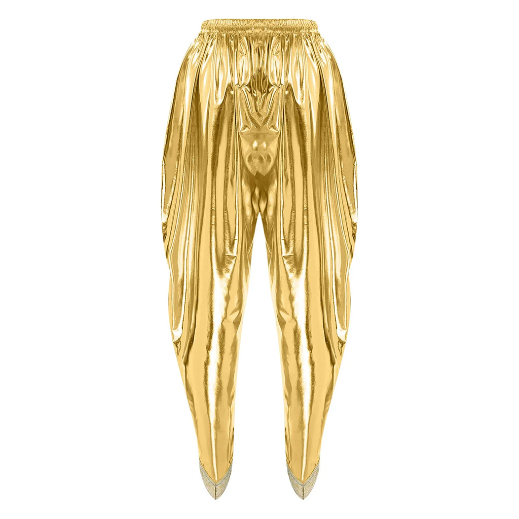 Men's Metallic Shiny Harem Dhoti Pants Gold Brocade Trim Prince Cosplay Costume