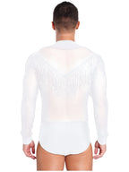 Men's Latin Salsa Sequin Tassel & Rhinestone V-Neck Performance Leotard Bodysuit