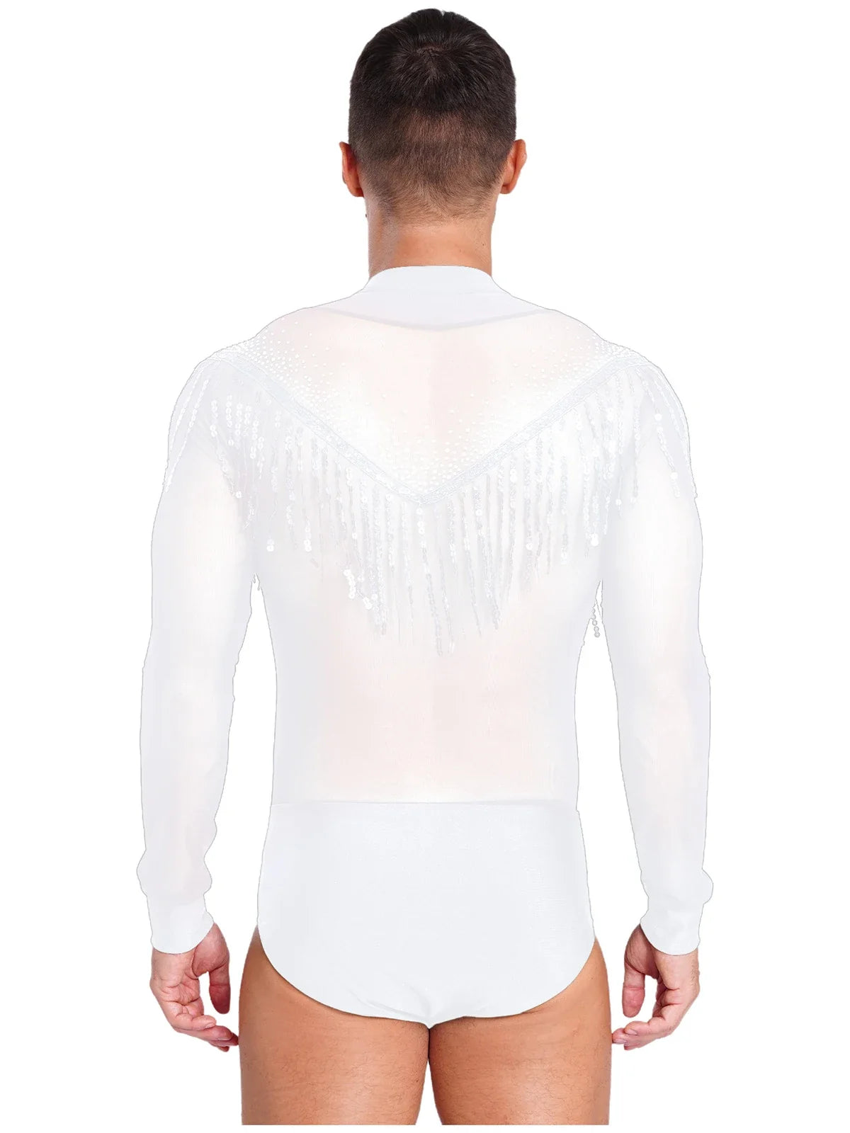 Men's Latin Salsa Sequin Tassel & Rhinestone V-Neck Performance Leotard Bodysuit