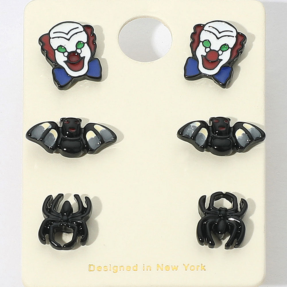 3Pairs - Halloween Clown Bat Spider Stud Earring Set by Madeline Love