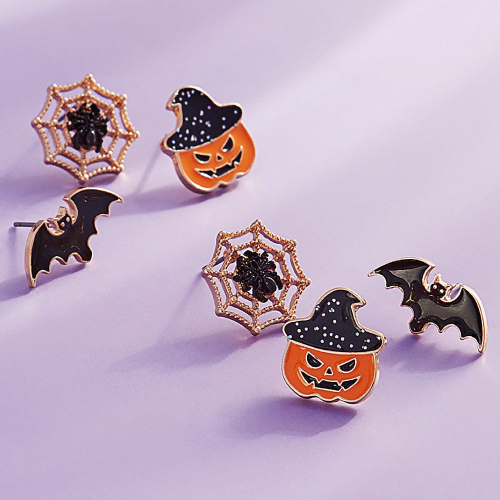3Pairs - Enamel Halloween Pumpkin Spider Web Bat Stud Earring Set by Madeline Love