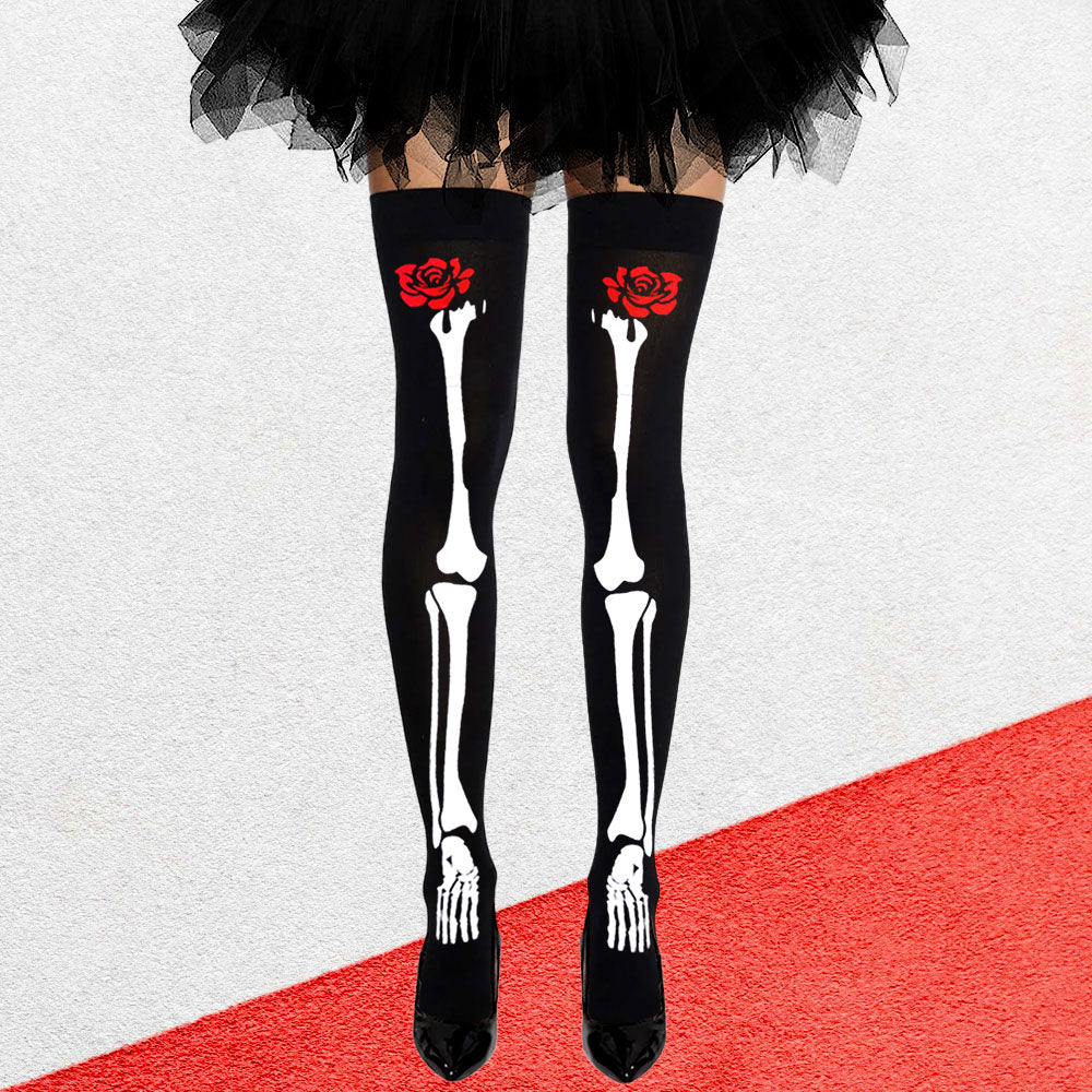 Rose Flower Skull Skeleton Halloween Costume Tight High Stockings by Madeline Love