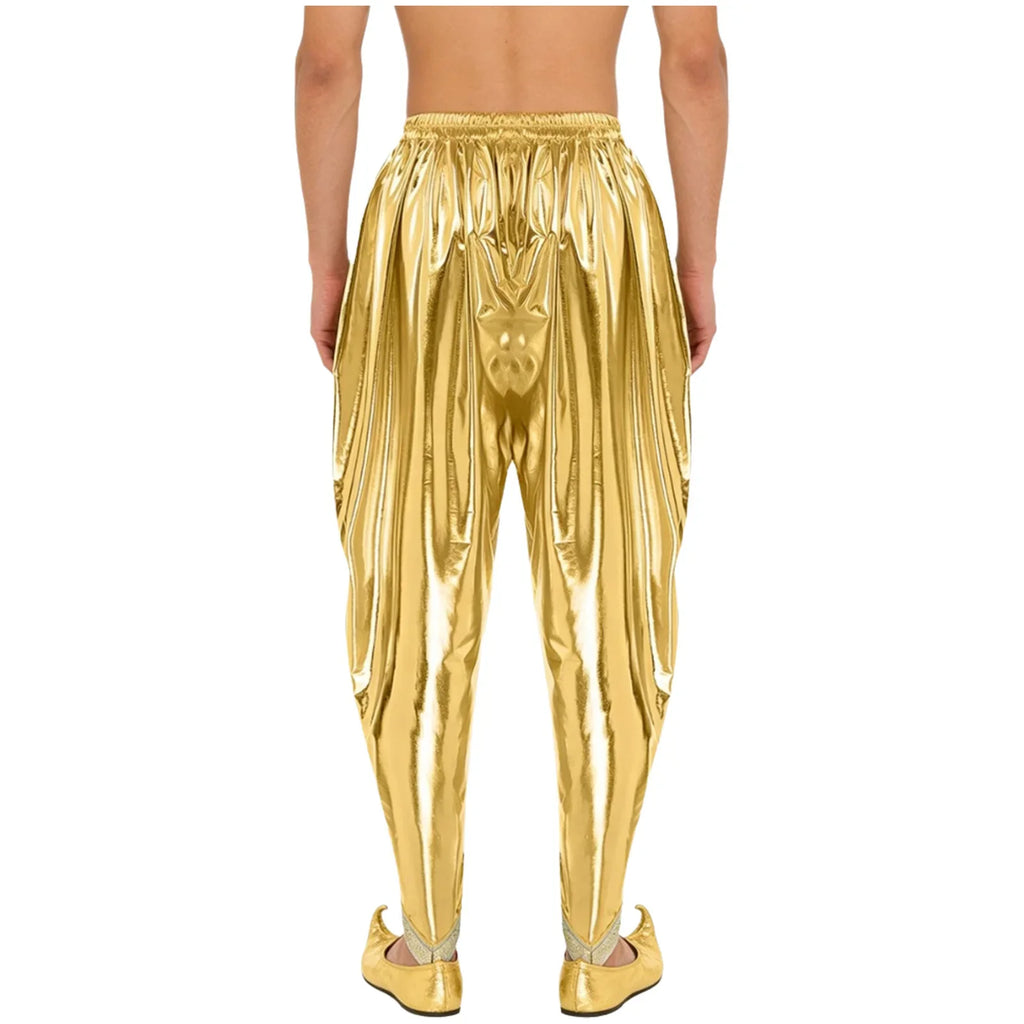 Men's Metallic Shiny Harem Dhoti Pants Gold Brocade Trim Prince Cosplay Costume