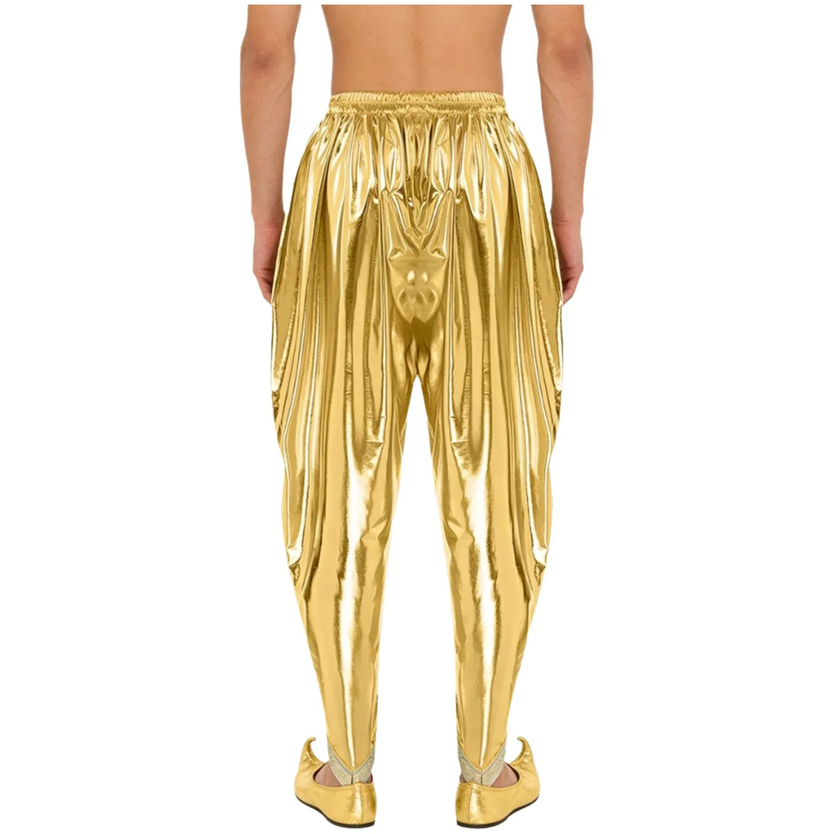 Men's Metallic Shiny Harem Dhoti Pants Gold Brocade Trim Prince Cosplay Costume