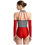 Queen of Hearts Rhinestone Halter Bodysuit & Sleeves Checkered Circus Stage Costume Set